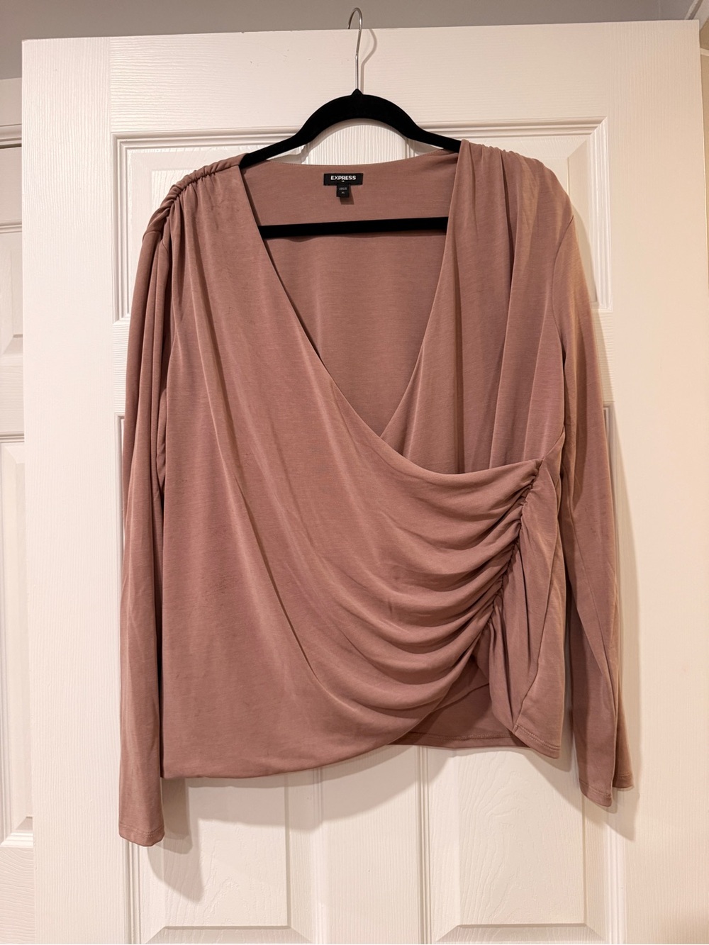 Express Long Sleeve Draped V-Neck Top in Mauve
